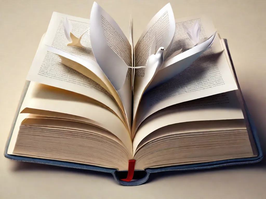 Uma imagem de um livro aberto com páginas em formato de pomba, simbolizando o poder da literatura em disseminar a mensagem dos direitos humanos. As páginas estão preenchidas com palavras e frases que representam liberdade, igualdade, justiça e compaixão, destacando o papel da literatura em advogar e inspirar mudanças.