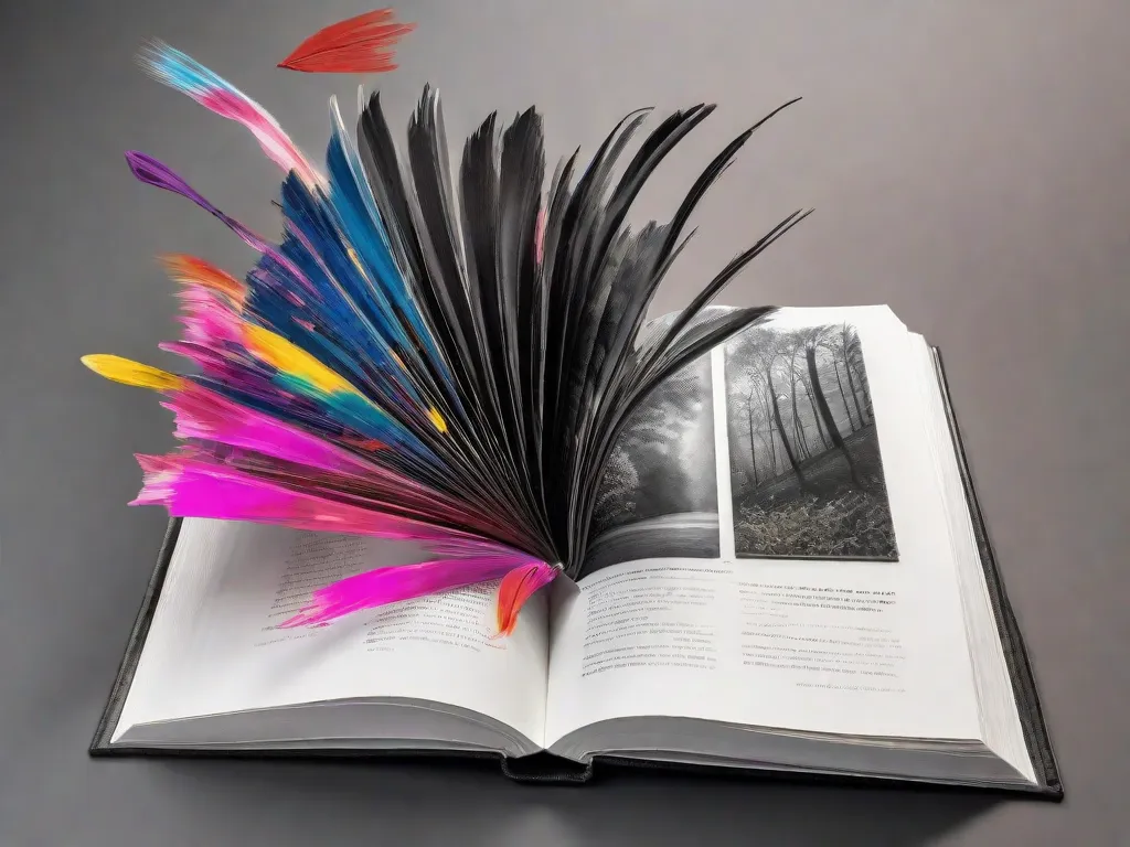 Uma fotografia em preto e branco de um livro aberto com pinceladas vibrantes pintadas em suas páginas. As pinceladas coloridas se transformam em várias formas e figuras, simbolizando a relação dinâmica entre a literatura e as artes visuais na paisagem contemporânea de 2023.