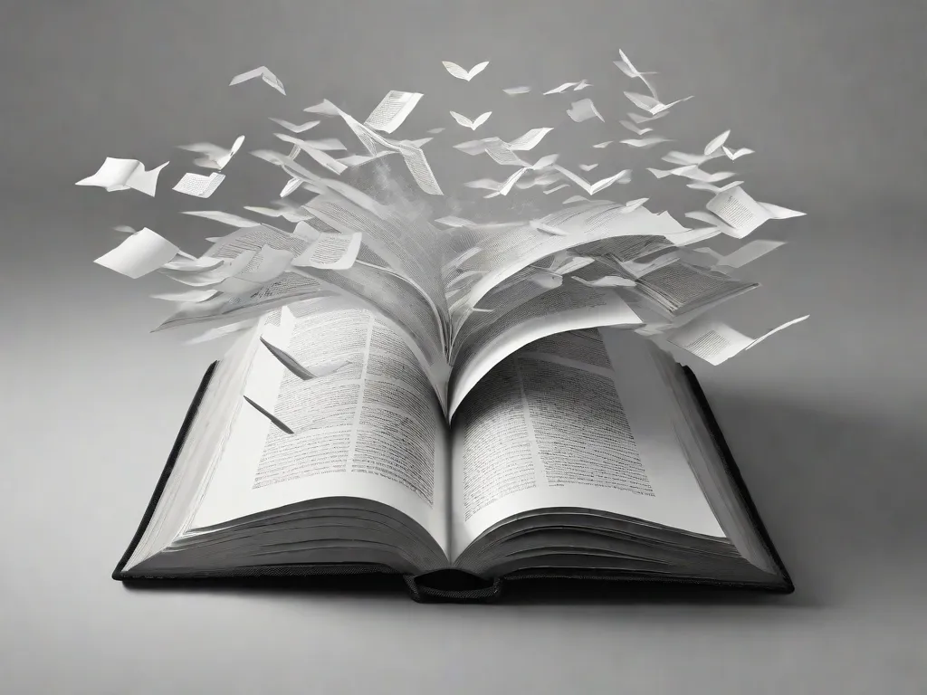 Uma imagem em preto e branco de um livro aberto com páginas preenchidas por palavras e frases poderosas relacionadas aos direitos humanos, como