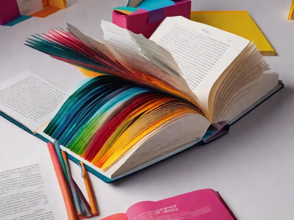 Uma imagem de um livro aberto com páginas vibrantes e coloridas explodindo de sua lombada. Cada página representa um poeta moderno diferente, exibindo seu estilo único e abordagem inovadora à poesia. As páginas estão cheias de palavras em negrito e imagens marcantes, simbolizando as vozes emergentes na poesia moderna.