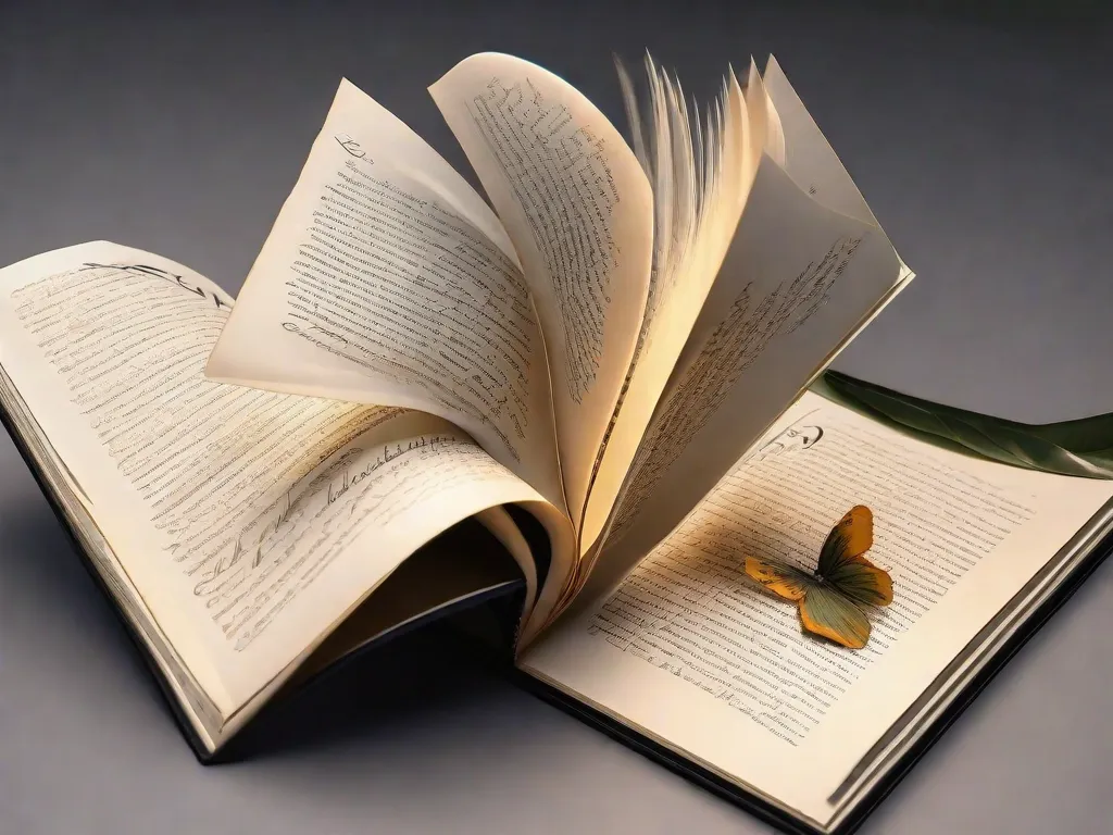 Descrição: Um livro aberto com uma elegante caligrafia em português, exibindo a beleza da língua. As palavras fluem graciosamente pelas páginas, criando uma representação visual hipnotizante da cativante poesia e prosa que encantam os leitores.