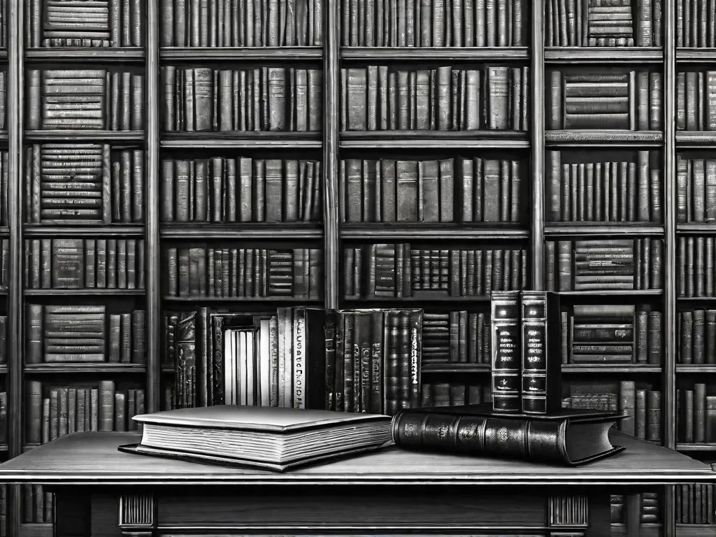 Uma imagem em preto e branco de um livro antigo e desgastado, encadernado em couro, com letras cirílicas na capa. O livro está colocado em uma mesa de madeira, cercado por um ambiente pouco iluminado, cheio de prateleiras empilhadas com mais livros. A imagem captura a essência de mergulhar no rico e cativante mundo da literatura clássica