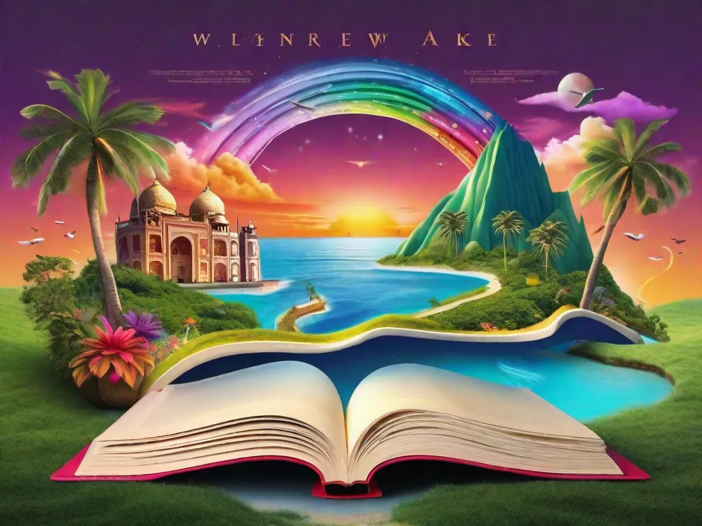 Uma imagem vibrante de um livro aberto com páginas transformadas em uma estrada sinuosa, levando o leitor em uma jornada por paisagens exóticas. As palavras nas páginas são representadas como marcos e monumentos coloridos, simbolizando as diversas culturas e experiências que se pode encontrar através do cativante mundo da literatura de viagem.