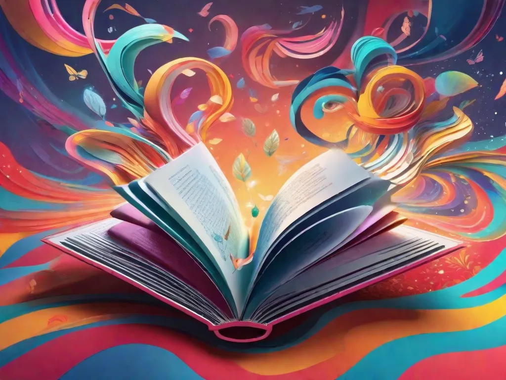 Descrição: Um livro aberto flutuando no ar, rodeado por cores e formas que se movem em espiral. À medida que as páginas viram, palavras e frases vibrantes surgem, formando uma ponte que se conecta à mente de uma pessoa. Essa representação visual simboliza como a literatura pode proporcionar um escape, consolo e inspiração, nutrindo o bem-estar mental.
