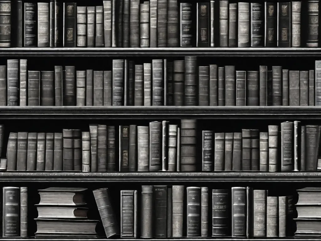 Uma imagem em preto e branco de uma máquina de escrever vintage sentada em uma mesa de madeira, rodeada por livros antigos e papel pergaminho. O quarto levemente iluminado cria uma atmosfera de nostalgia e convida o espectador a embarcar em uma jornada literária através do tempo.