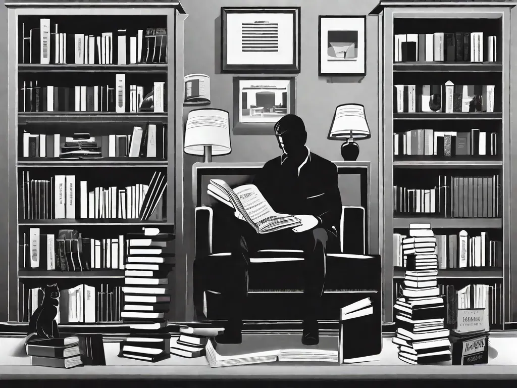 Uma imagem em preto e branco de uma estante de livros cheia de livros de autoajuda, representando o impacto e a crítica da literatura de autoajuda. Os livros estão arrumados de forma organizada, simbolizando a popularidade e influência desse gênero. No entanto, há uma figura sombria ao fundo, sugerindo o ceticismo e a crítica em relação à eficá