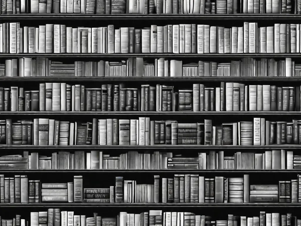 Uma imagem em preto e branco de uma estante de livros repleta de clássicos da literatura brasileira, como