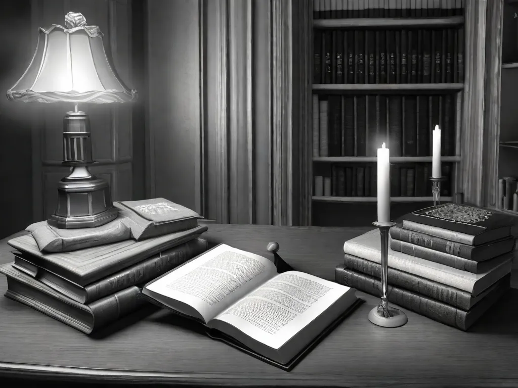 Descrição: Uma imagem em preto e branco apresentando uma pilha de livros com títulos como