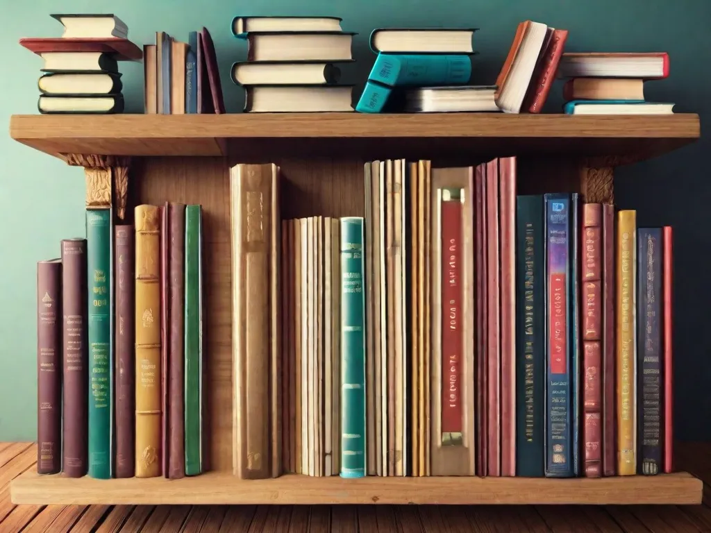 Descrição da imagem: Uma pilha de livros coloridos e desorganizados em cima de uma mesa de madeira. Os livros estão abertos em diferentes páginas, exibindo palavras e frases desconexas. A imagem representa a natureza fragmentada e não linear da literatura pós-moderna, que desafia as convenções tradicionais da narrativa.