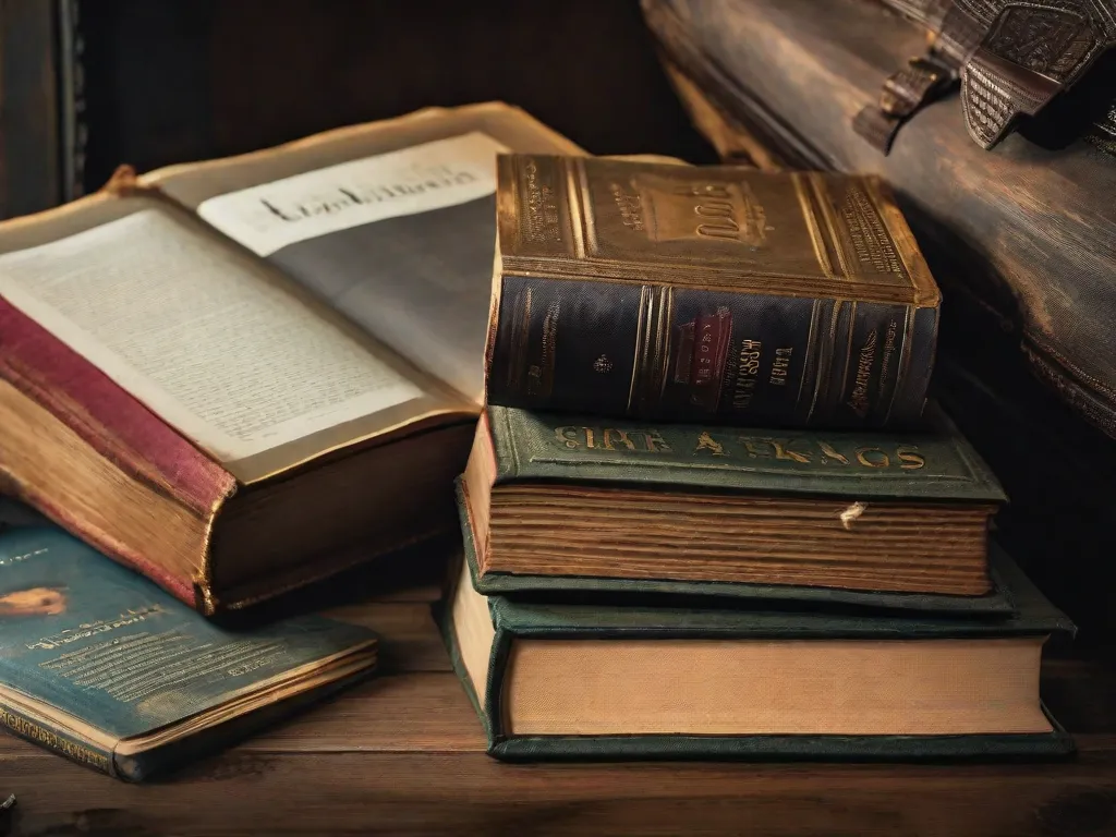 Descrição da imagem: Uma fotografia em close-up de uma capa de livro desgastada e envelhecida, mostrando vários títulos de diferentes gêneros. Os livros estão empilhados de forma desorganizada, simbolizando as diversas perspectivas e narrativas que a literatura explora quando se trata de questões de identidade.