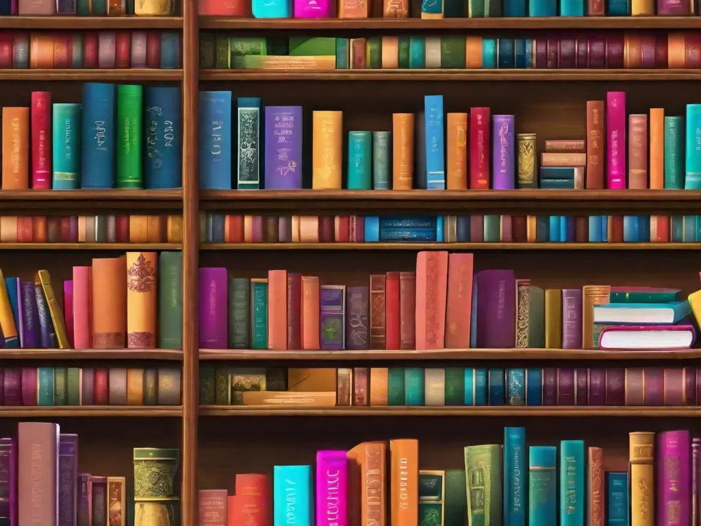 Uma estante de livros vibrante, cheia de livros de diferentes culturas, mostrando a diversidade de histórias e narrativas de todo o mundo. Cada livro representa uma perspectiva cultural única, convidando os leitores a explorar e apreciar a riqueza da literatura global.