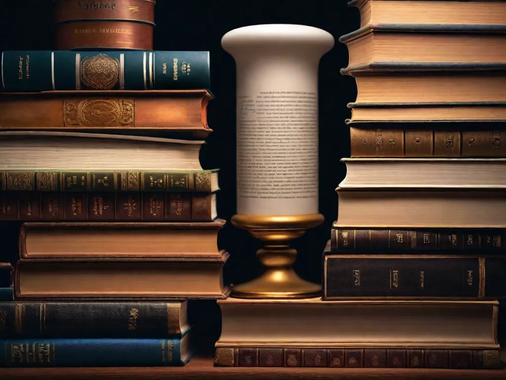 Descrição: Uma fotografia de uma pilha de livros, cada um representando uma era diferente da literatura. De textos antigos a romances modernos, essa imagem simboliza como a literatura serve como reflexo das mudanças culturais ao longo do tempo.