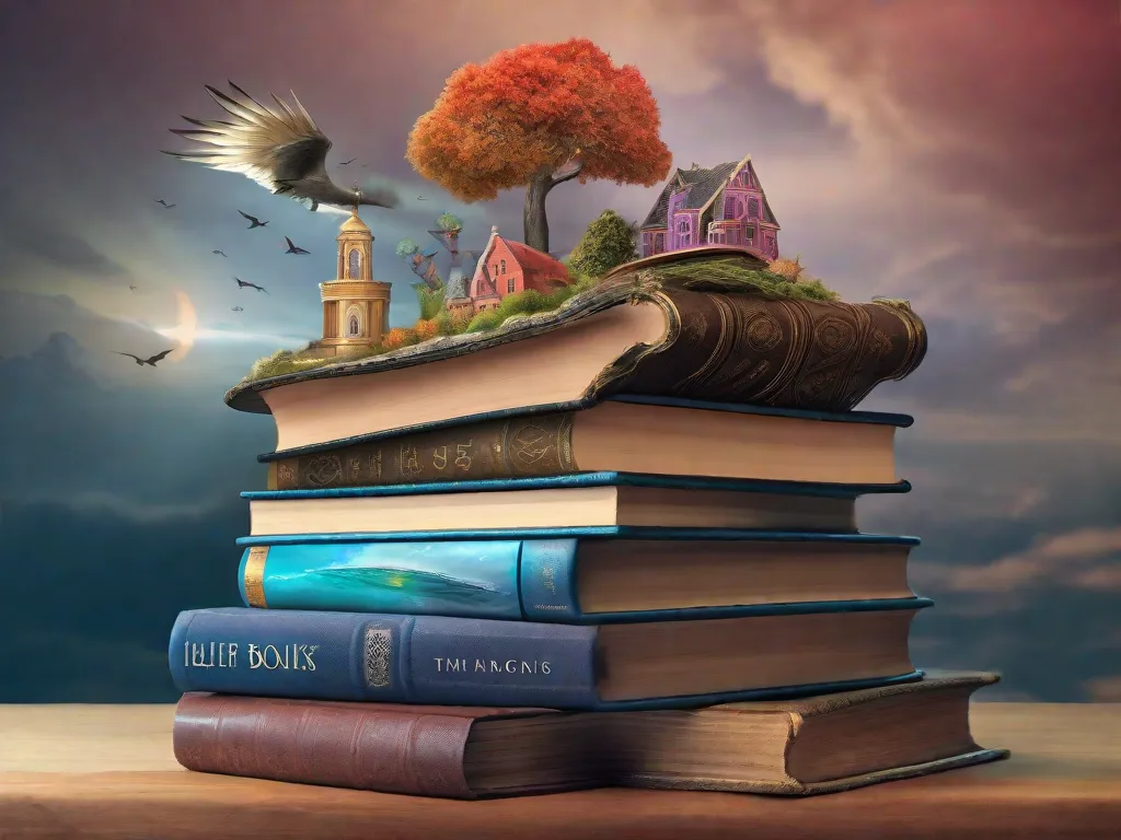 Uma foto de uma pilha de livros, com um lado representando a fantasia e o outro lado representando a realidade. O lado da fantasia teria livros com criaturas mágicas, terras míticas e cores vibrantes, enquanto o lado da realidade teria livros com histórias da vida real, história e tons mais suaves. A imagem simboliza os mundos paralelos para os quais os livros podem nos transport