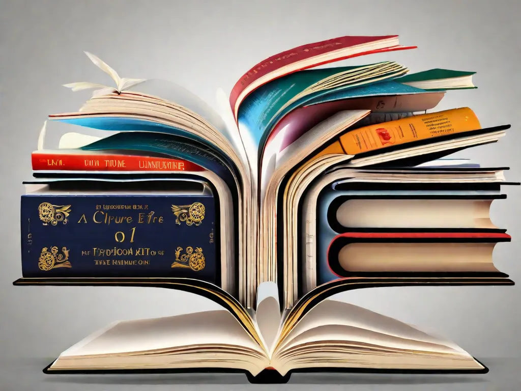 Descrição da imagem: Uma pilha de livros representando diferentes gêneros e períodos de tempo, com cada livro aberto em uma página diferente. As páginas estão cheias de palavras e símbolos que representam vários aspectos da cultura, como arte, música, tecnologia e moda. Essa imagem simboliza como a literatura captura e reflete a paisagem cultural em constante mudança.