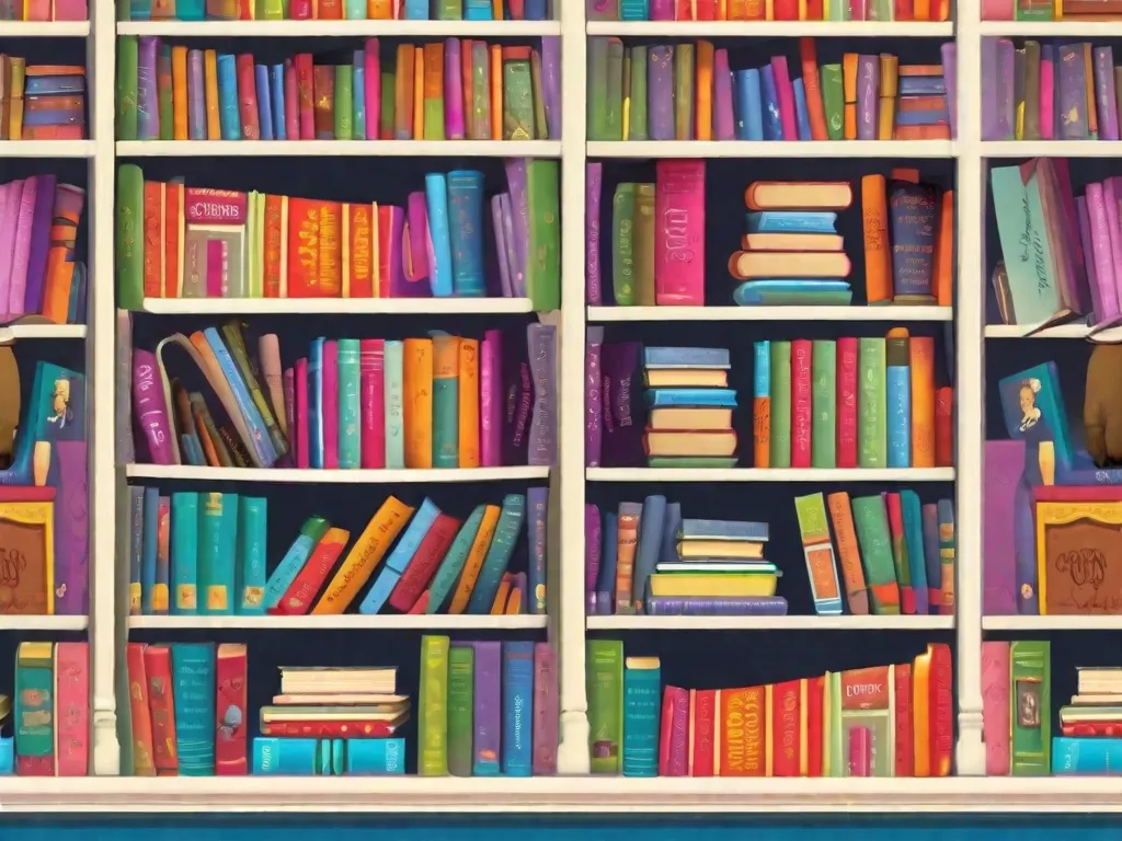 Descrição: Uma imagem fantasiosa de uma estante de livros repleta de edições coloridas dos clássicos infantis de Roald Dahl. Os livros são adornados com ilustrações encantadoras de mundos mágicos e personagens amados como Matilda, Willy Wonka e o BFG. A imagem captura a alegria e o encanto que essas histórias atemporais trazem aos leitores de todas