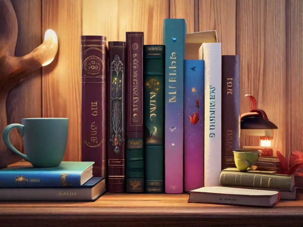 Descrição da imagem: Uma pilha de livros coloridos com títulos representando vários gêneros da literatura infantil, como contos de fadas, histórias de aventura e livros educativos. Os livros estão colocados em uma prateleira de madeira em um cantinho aconchegante de leitura, com uma manta macia e uma xícara de chá quente por perto.