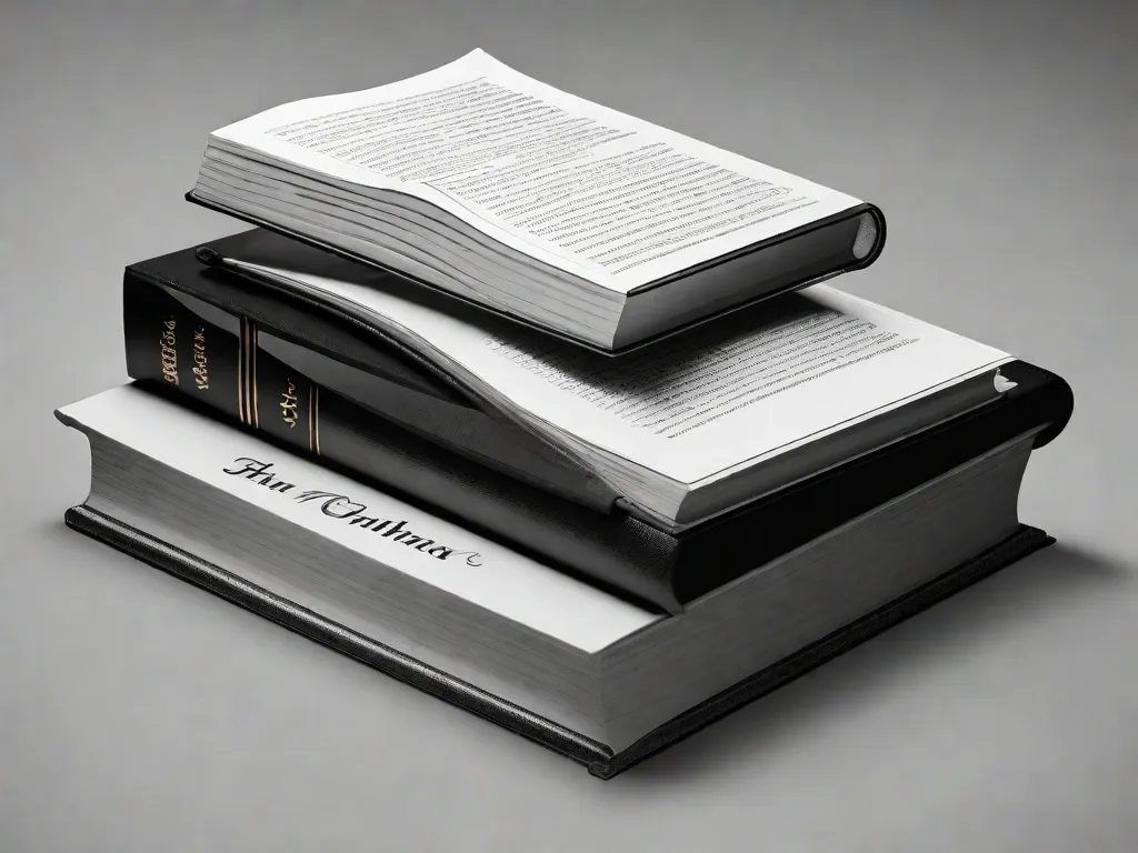 Descrição: Uma imagem em preto e branco apresentando uma pilha de livros com títulos como