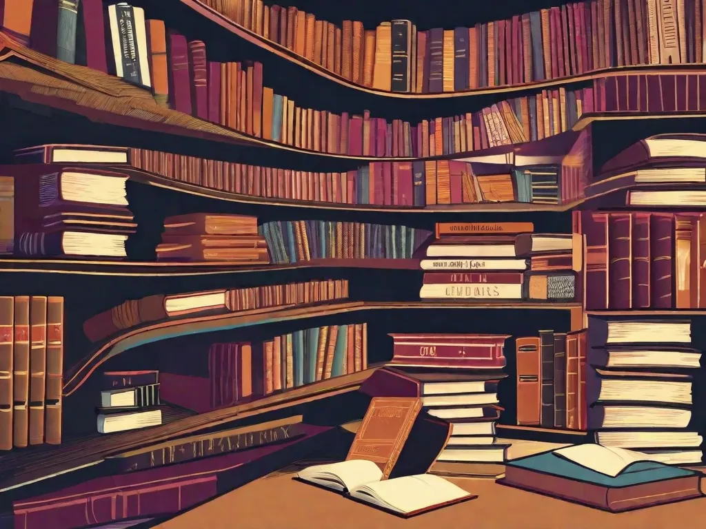 Descrição da imagem: Uma pilha de livros antigos e empoeirados, com capas desgastadas e páginas amareladas. Cada livro representa um aspecto da literatura pós-moderna, com títulos como 