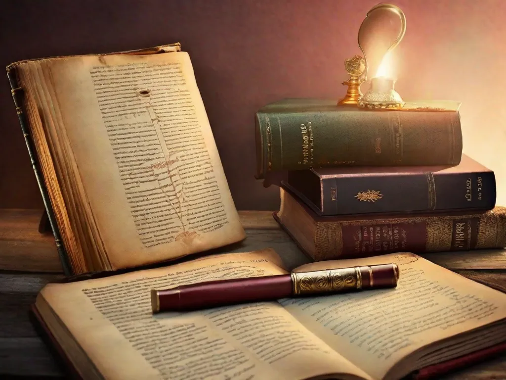 A imagem mostra uma pilha de livros antigos de romances históricos, com capas desgastadas e empoeiradas. Ao lado dos livros, há uma caneta tinteiro e um mapa antigo, representando a interação entre a ficção e a história real. A imagem transmite a ideia de como os romances históricos podem trazer vida e emoção aos eventos passados.