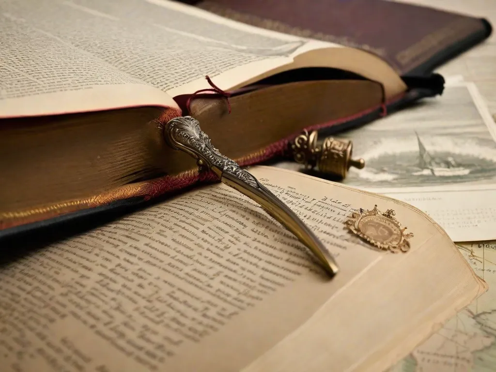 A imagem mostra uma pilha de livros antigos de romances históricos, com capas desgastadas e empoeiradas. Ao lado dos livros, há uma caneta tinteiro e um mapa antigo, representando a interação entre a ficção e a história real. A imagem transmite a ideia de como os romances históricos podem trazer vida e emoção aos eventos passados.