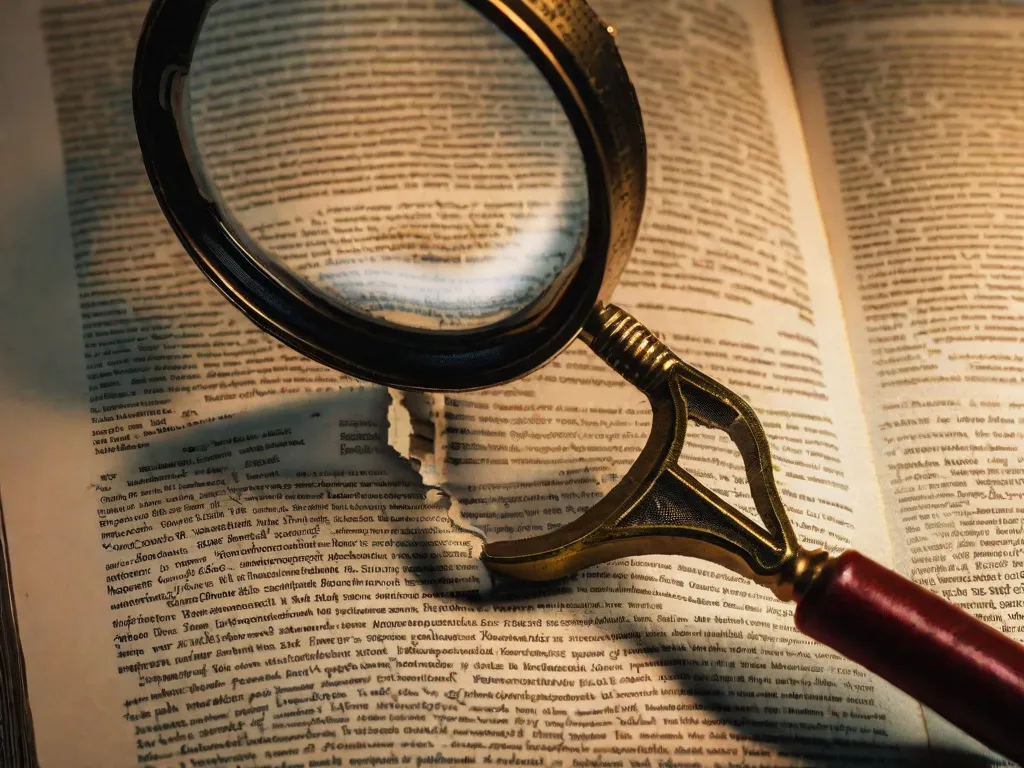 Descrição da imagem: Um close-up de uma lupa colocada em cima de uma cópia desgastada do livro