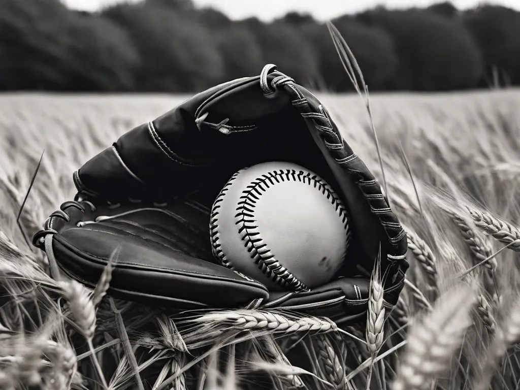 Uma fotografia em preto e branco de uma luva de beisebol desgastada, deitada em um campo de trigo dourado. A luva representa a luta do protagonista para manter sua inocência e proteger os outros das duras realidades da vida adulta, enquanto o trigo simboliza a vastidão e imprevisibilidade do mundo pelo qual ele está navegando.