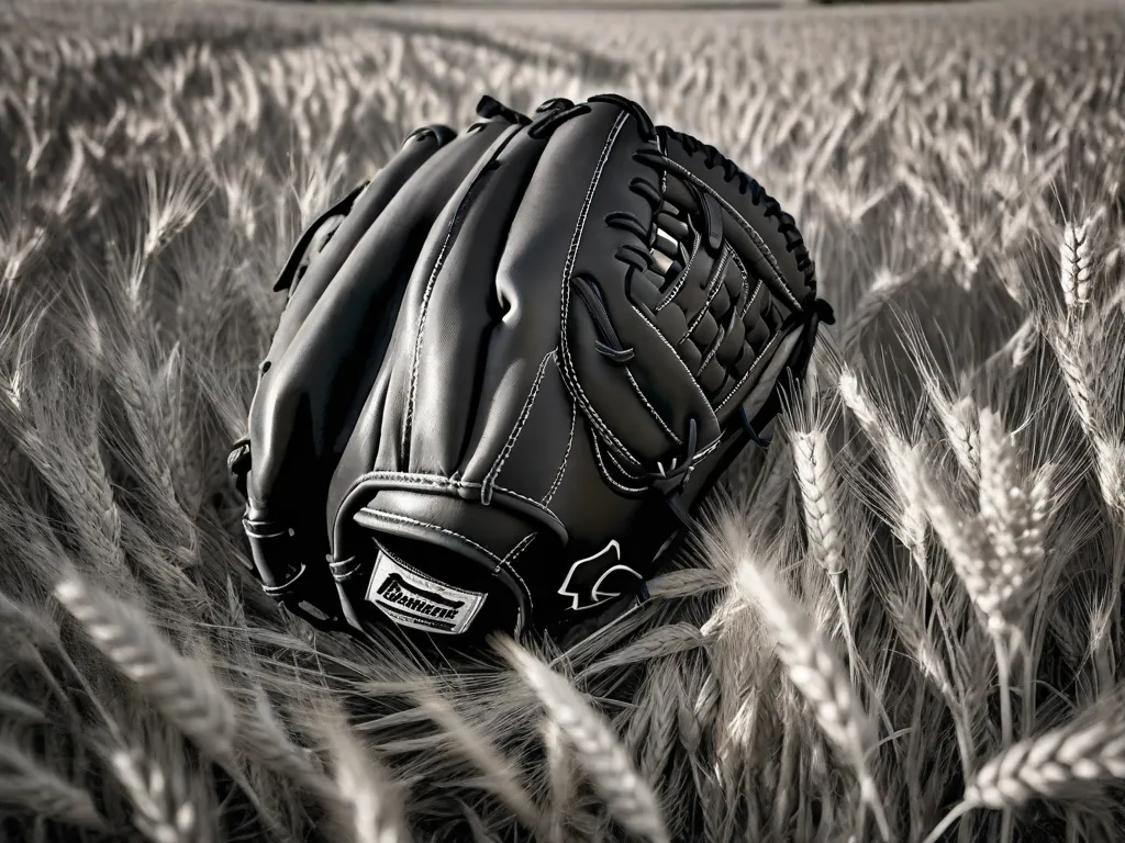 Uma fotografia em preto e branco de uma luva de beisebol desgastada, deitada em um campo de trigo dourado. A luva representa a luta do protagonista para manter sua inocência e proteger os outros das duras realidades da vida adulta, enquanto o trigo simboliza a vastidão e imprevisibilidade do mundo pelo qual ele está navegando.