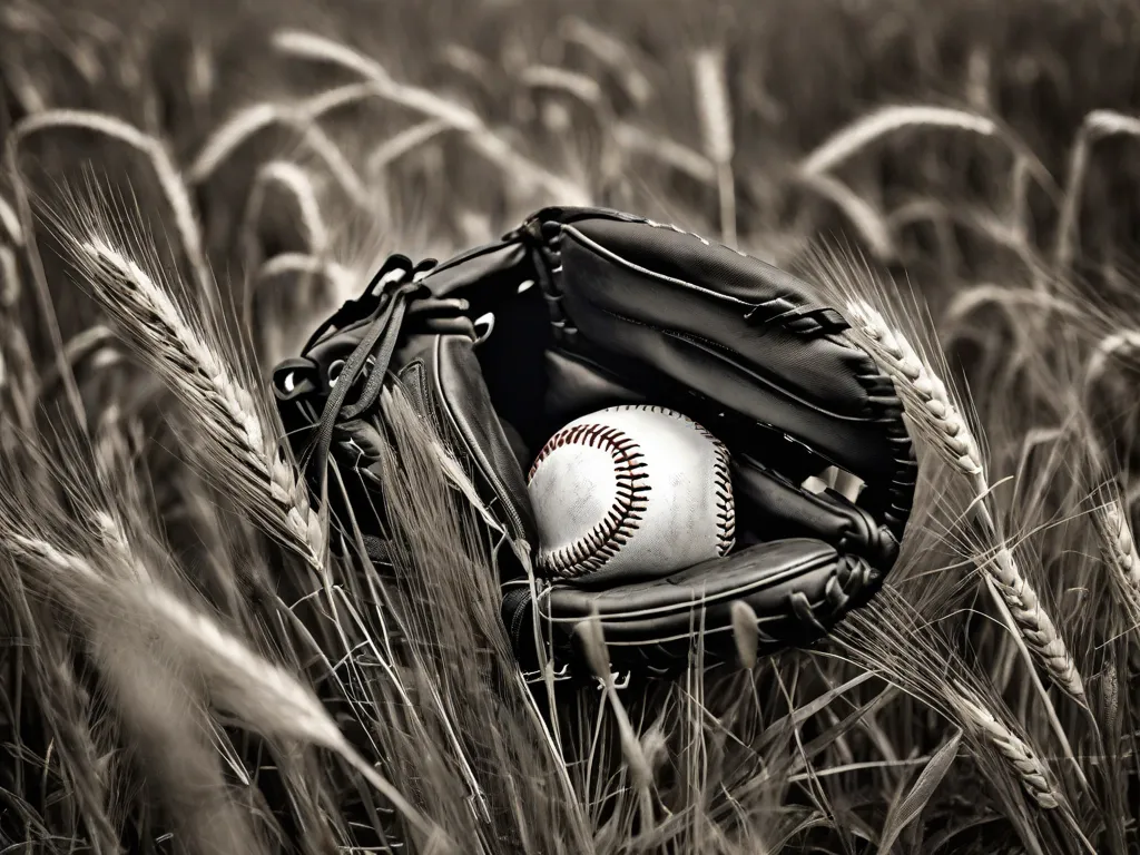 Uma fotografia em preto e branco de uma luva de beisebol desgastada deitada em um campo de trigo dourado. A luva simboliza a luta de Holden Caulfield para manter sua inocência e se proteger das duras realidades da vida adulta, enquanto o trigo representa a vastidão e imprevisibilidade do mundo que ele está navegando.