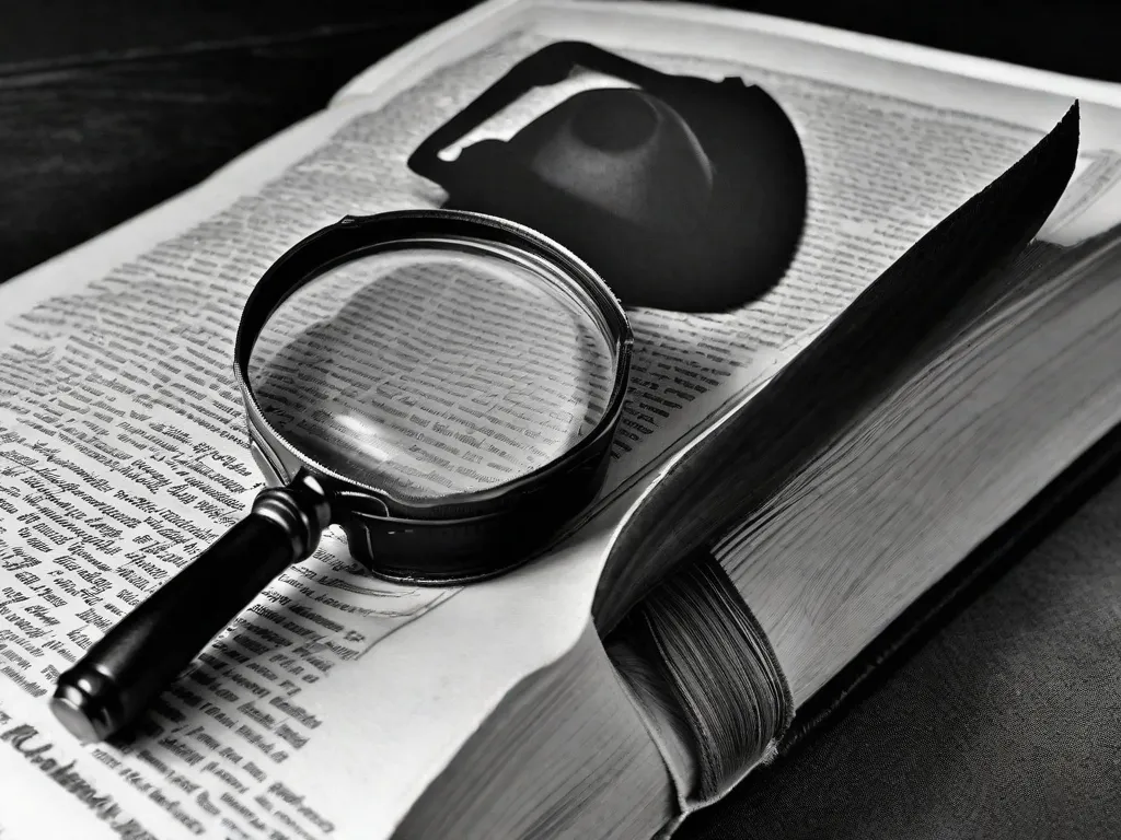 Uma imagem em preto e branco de uma lupa descansando sobre um livro encadernado em couro desgastado, com a silhueta de um chapéu e sobretudo de detetive ao fundo. O quarto com pouca iluminação adiciona um ar de mistério e intriga, capturando a essência da evolução do gênero de detetive desde Arthur Conan Doyle até autores