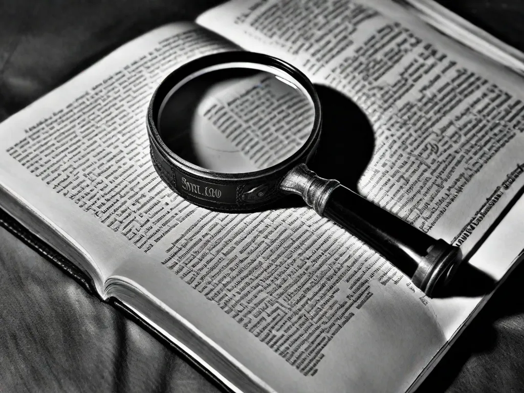 Uma imagem em preto e branco de uma lupa descansando sobre um livro desgastado com capa de couro intitulado