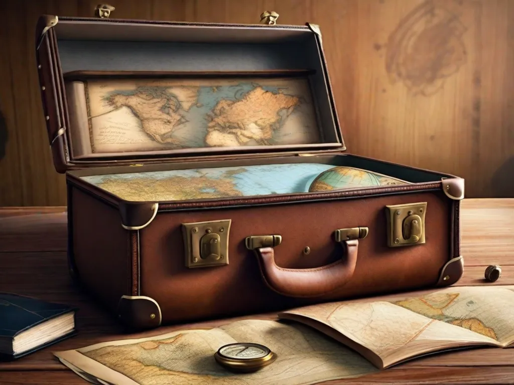 Uma mala de couro vintage repousa aberta em uma mesa de madeira, revelando uma coleção de mapas desgastados, uma bússola e uma cópia surrada de