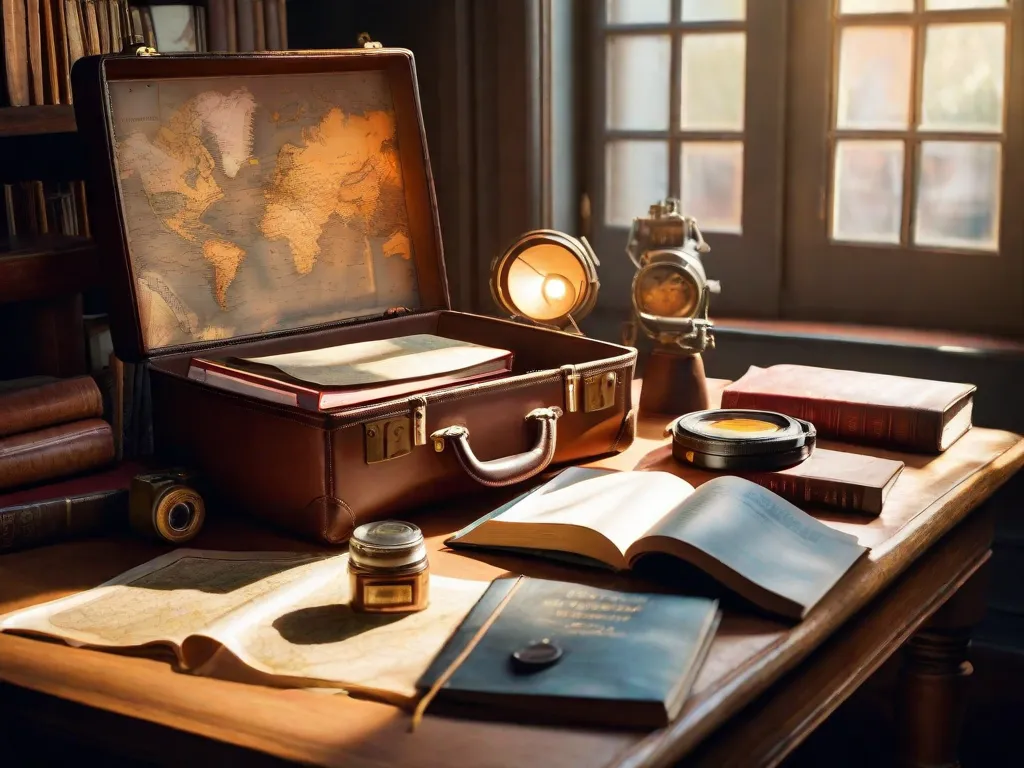 Descrição da imagem: Uma mala de couro desgastada está aberta em cima de uma mesa de madeira, cheia de mapas antigos, uma câmera vintage e uma pilha de livros bem viajados. A luz do sol atravessa uma janela próxima, lançando um brilho quente sobre os objetos, evocando uma sensação de aventura e o fascínio de explorar novos lugares através da literatura