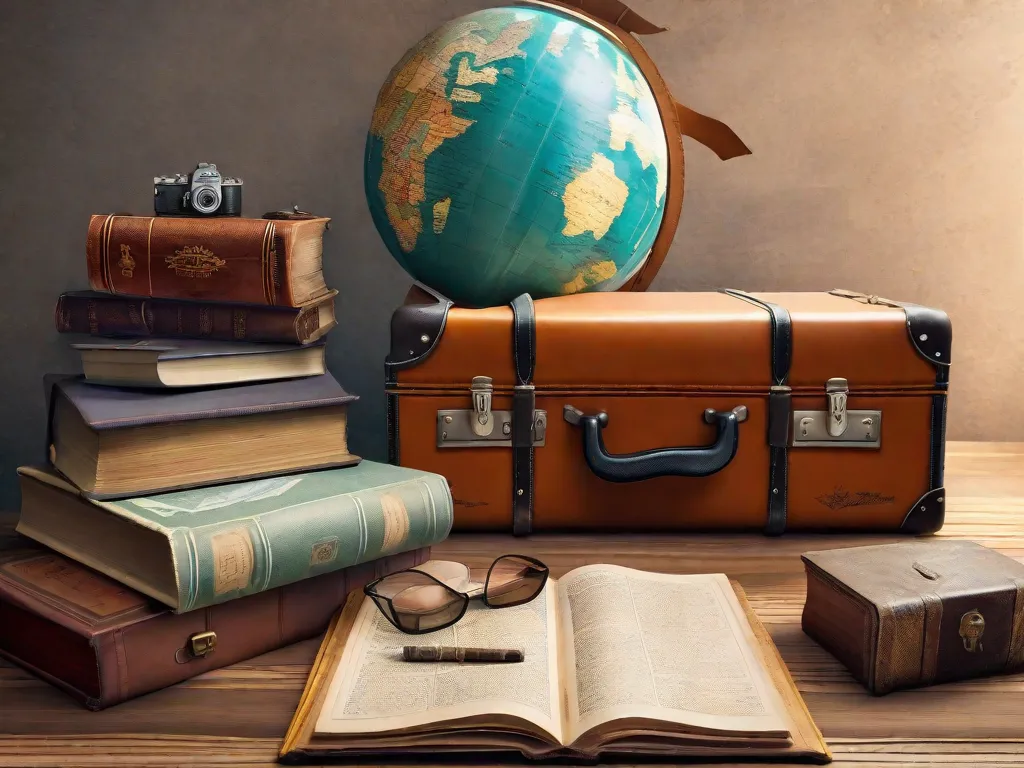 Descrição da imagem: Uma mala de couro desgastada está aberta em cima de uma mesa de madeira, cheia de uma coleção de livros bem viajados. Mapas e cartões-postais estão espalhados ao redor, exibindo diversos destinos. Um globo antigo está próximo, suas cores desbotadas sugerem as inúmeras jornadas que testemunhou. A cena evoca uma sensação de