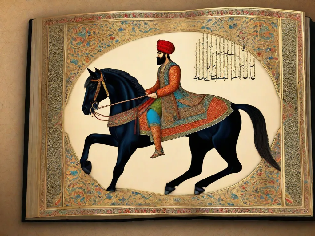 Uma imagem deslumbrante de um manuscrito persa lindamente adornado, exibindo caligrafia intricada e ilustrações vibrantes. O manuscrito é um testemunho da rica herança literária da Pérsia, refletindo sua profunda influência na cultura global e o legado duradouro que deixou para trás.