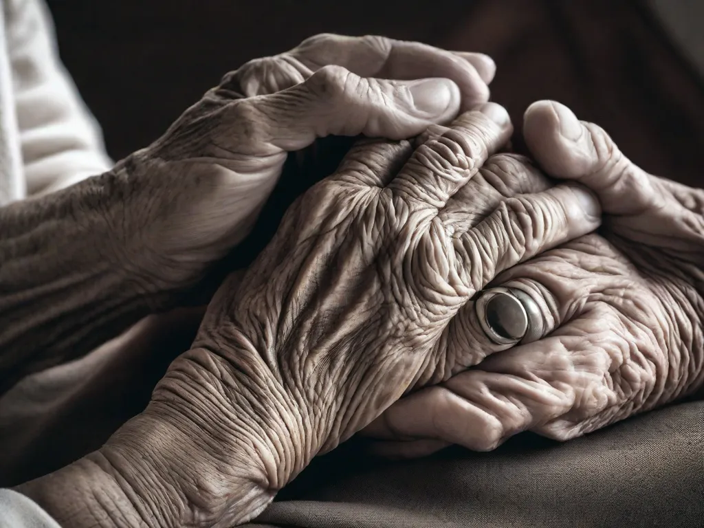 Descrição da imagem: Uma fotografia em close-up de duas mãos entrelaçadas, uma pertencente a uma pessoa mais velha e a outra a um indivíduo mais jovem. A pele enrugada na mão mais velha conta uma história de experiência e sabedoria, enquanto a mão jovem representa esperança e potencial. Essa imagem simboliza as conexões complexas e profundas dentro das relações familiares