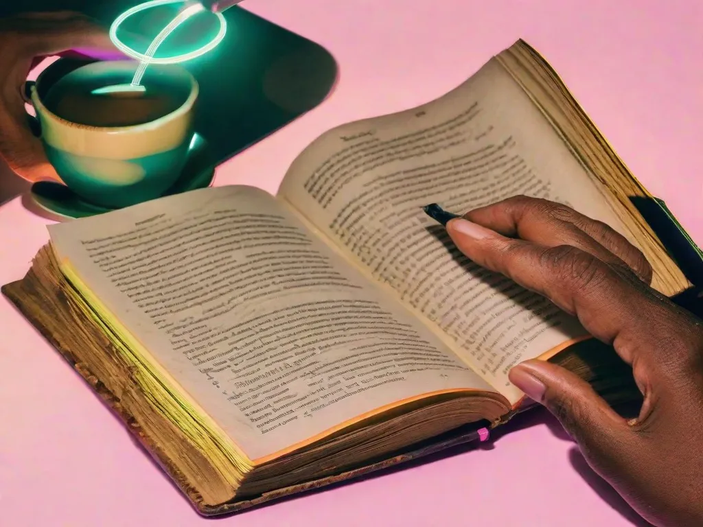 Descrição da imagem: Um cantinho aconchegante em uma cafeteria, com uma xícara de café fumegante em uma mesa ao lado de uma pilha de livros. A luz do sol passa pela janela, iluminando as páginas de um livro aberto, convidando os leitores a mergulharem no mundo da literatura e se envolverem em reflexões literárias contemporâneas.