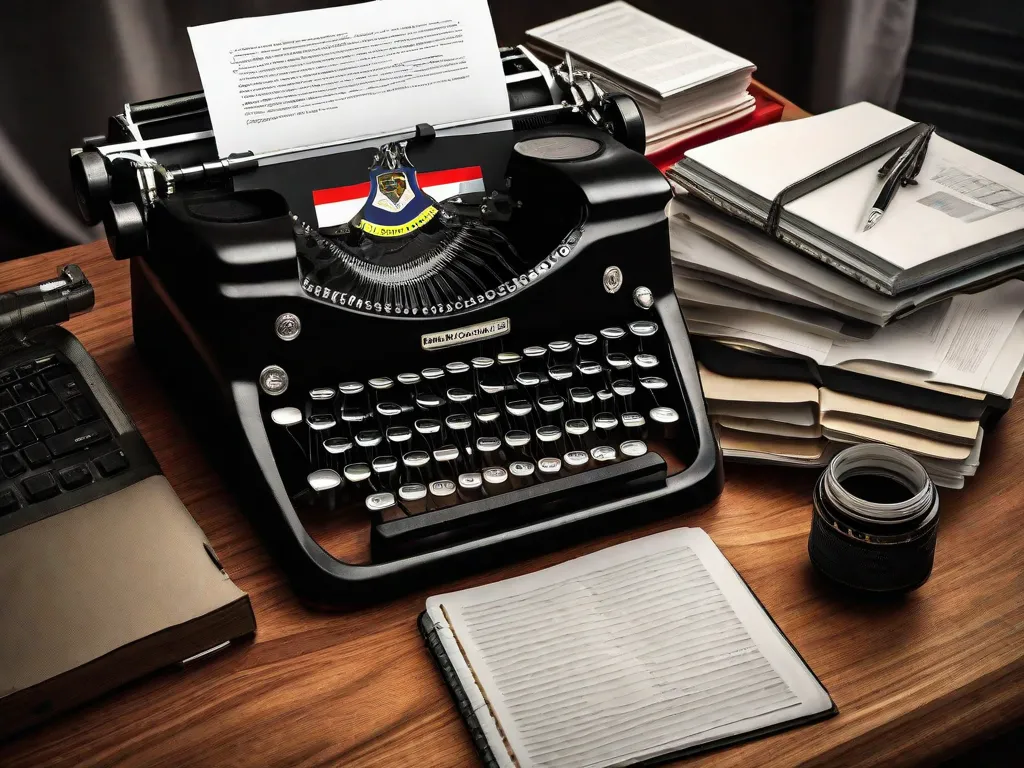 Descrição da imagem: Uma fotografia em preto e branco de uma máquina de escrever em uma mesa de madeira, cercada por pilhas de papéis e cadernos. A máquina de escrever está adornada com um adesivo da bandeira do Brasil, simbolizando o poder da literatura em documentar e expor as atrocidades da ditadura no Brasil.