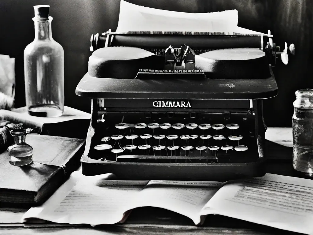 Descrição da imagem: Uma fotografia em preto e branco de uma antiga máquina de escrever colocada em uma mesa de madeira. A máquina de escrever está cercada por papéis amassados, frascos de tinta e uma pilha de livros. O ambiente com pouca iluminação contribui para a atmosfera de criatividade e introspecção, simbolizando a profunda influência da resistência literária