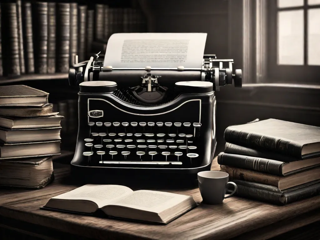 Uma imagem em preto e branco de uma máquina de escrever antiga está sobre uma mesa de madeira, cercada por pilhas de livros antigos. A máquina de escrever está levemente empoeirada, simbolizando a passagem do tempo. Essa imagem representa a evolução do romance histórico, mostrando sua importância duradoura na literatura.