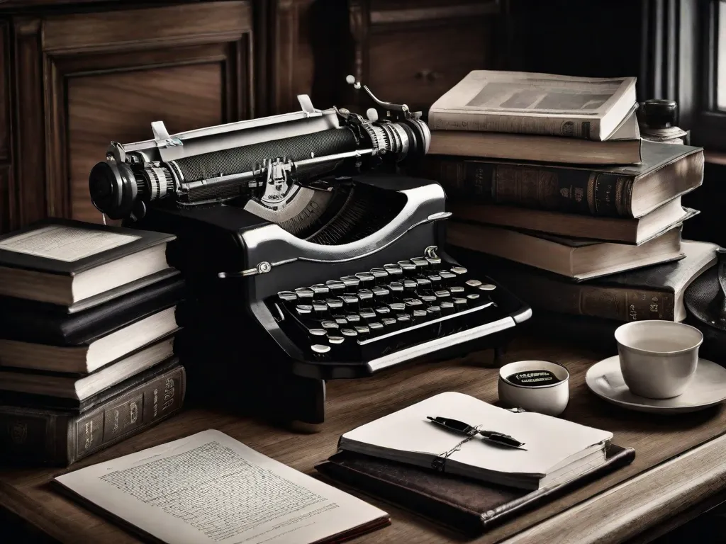 Uma fotografia em preto e branco captura uma biblioteca pouco iluminada, cheia de prateleiras empoeiradas e livros antigos. Um pincel descansa em uma mesa de madeira, ao lado de uma máquina de escrever com uma pilha de papéis amassados. A imagem representa a harmoniosa fusão entre arte e literatura, onde criatividade e história se entrelaçam.