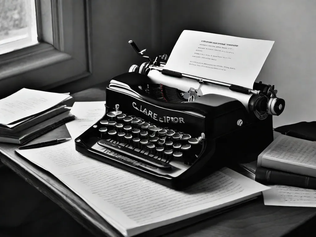 Uma fotografia em preto e branco de uma máquina de escrever antiga com uma pilha de cartas escritas à mão ao lado. As cartas são endereçadas a Clarice Lispector e possuem vários selos e carimbos postais de diferentes partes do mundo, mostrando a abrangência global de seu trabalho e a conexão íntima entre a escritora e seus leitores.