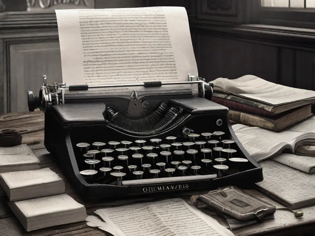 Descrição da imagem: Uma fotografia em preto e branco de uma antiga máquina de escrever colocada em uma mesa de madeira. A máquina de escrever está cercada por papéis amassados, frascos de tinta e uma pilha de livros. O ambiente com pouca iluminação contribui para a atmosfera de criatividade e introspecção, simbolizando a profunda influência da resistência literária