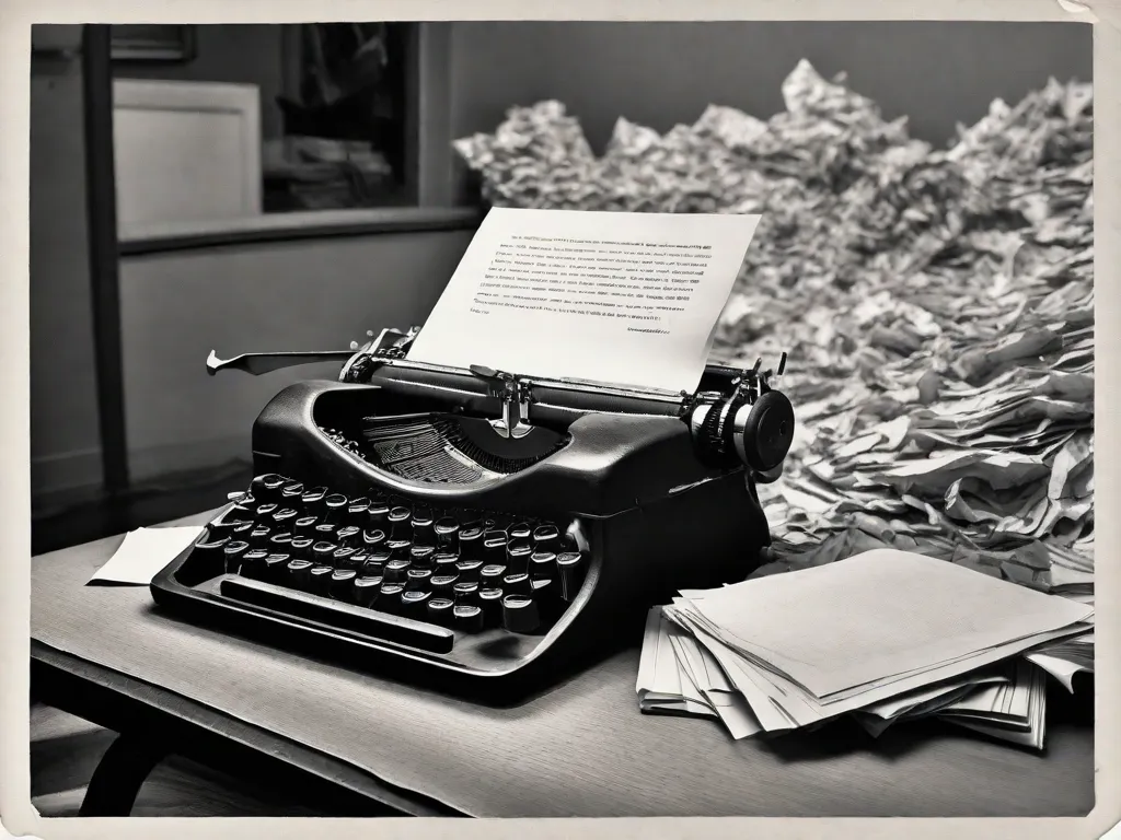 Descrição: Uma fotografia em preto e branco de uma máquina de escrever sobre uma mesa, cercada por folhas de papel amassadas. A máquina de escrever simboliza o poder da literatura como uma ferramenta para documentar e expor as atrocidades da ditadura no Brasil. As folhas amassadas representam os inúmeros rascunhos e revisões pelos quais os escritores passaram para capturar com precis