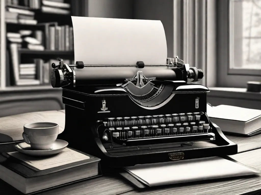 Descrição da imagem: Uma fotografia em preto e branco de uma máquina de escrever com uma folha de papel em branco nela. A máquina de escrever está posicionada em uma mesa de madeira, cercada por livros antigos e uma xícara de café. A luz do sol que entra pela janela cria uma atmosfera quente e nostálgica, convidando o leitor a mergulhar na arte da escrit