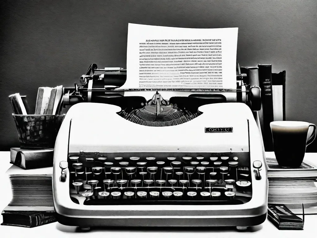 Descrição da imagem: Uma fotografia em preto e branco de uma máquina de escrever vintage colocada em uma mesa de madeira. A máquina de escrever está cercada por uma pilha de antigos romances de espionagem, incluindo a série James Bond de Ian Fleming. A imagem captura a essência da evolução dos romances de espionagem, destacando a transição das clássicas máquinas de escrever