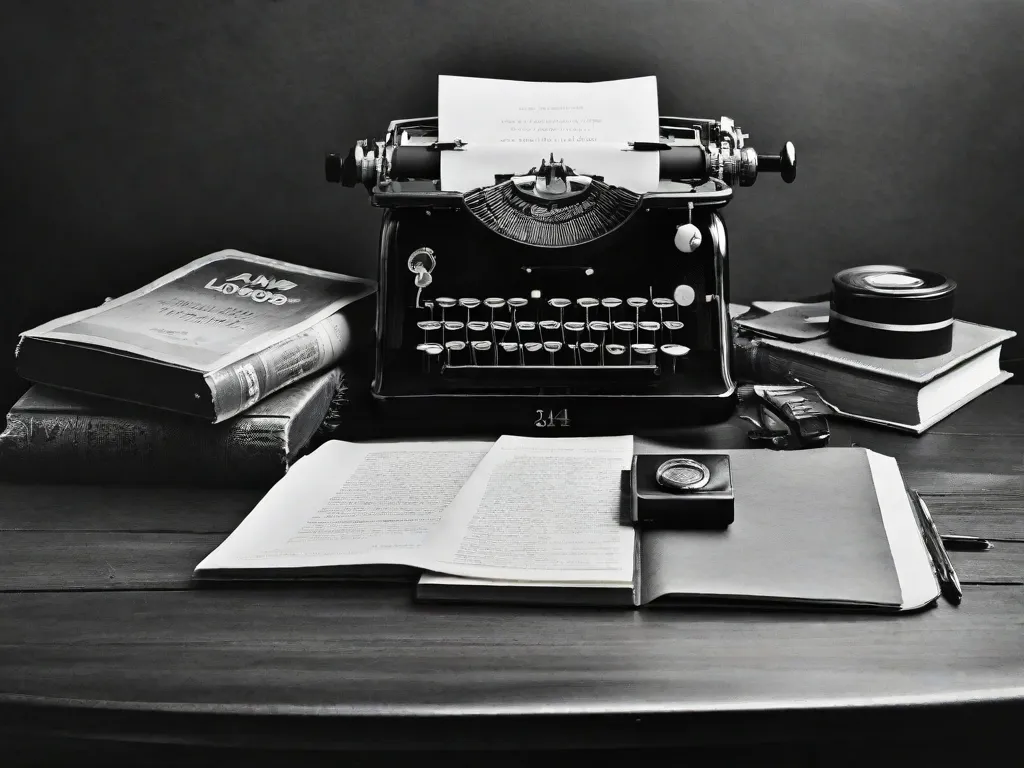 Descrição da imagem: Uma fotografia em preto e branco de uma máquina de escrever vintage colocada em uma mesa de madeira. A máquina de escrever está cercada por uma pilha de antigos romances de espionagem, incluindo a série James Bond de Ian Fleming. A imagem captura a essência da evolução dos romances de espionagem, destacando a transição das clássicas máquinas de escrever
