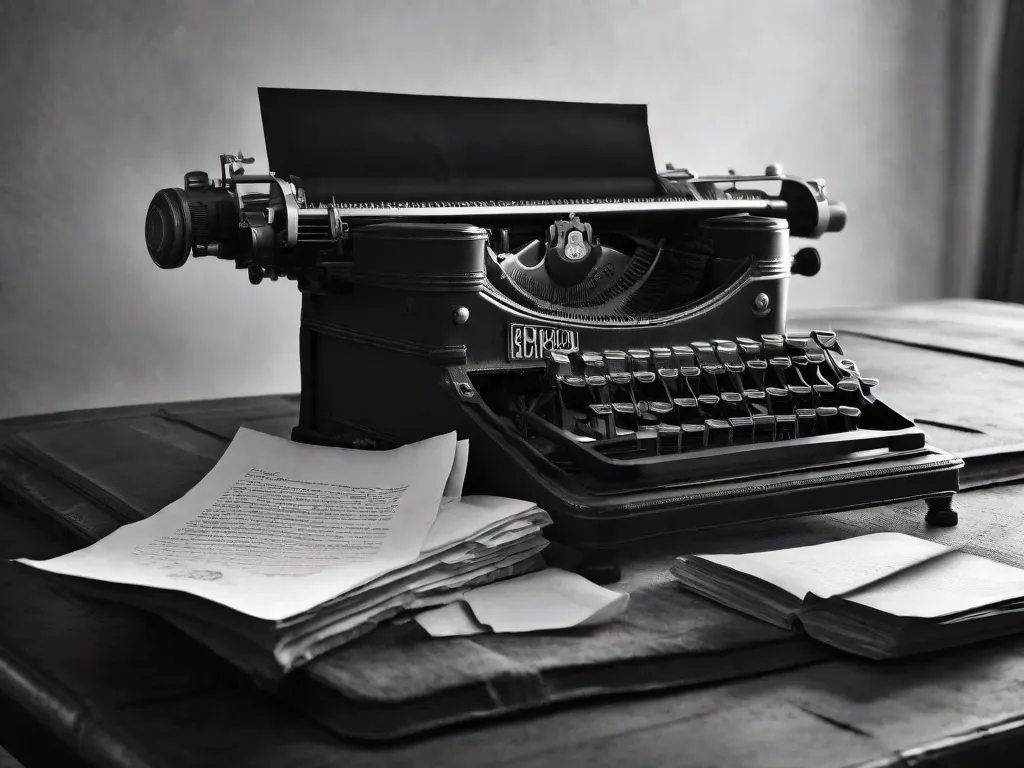 Uma fotografia em preto e branco de uma máquina de escrever com um pedaço de papel amassado ao lado. A imagem captura a atmosfera sombria da literatura do pós-Primeira Guerra Mundial, simbolizando o impacto profundo da guerra na palavra escrita.