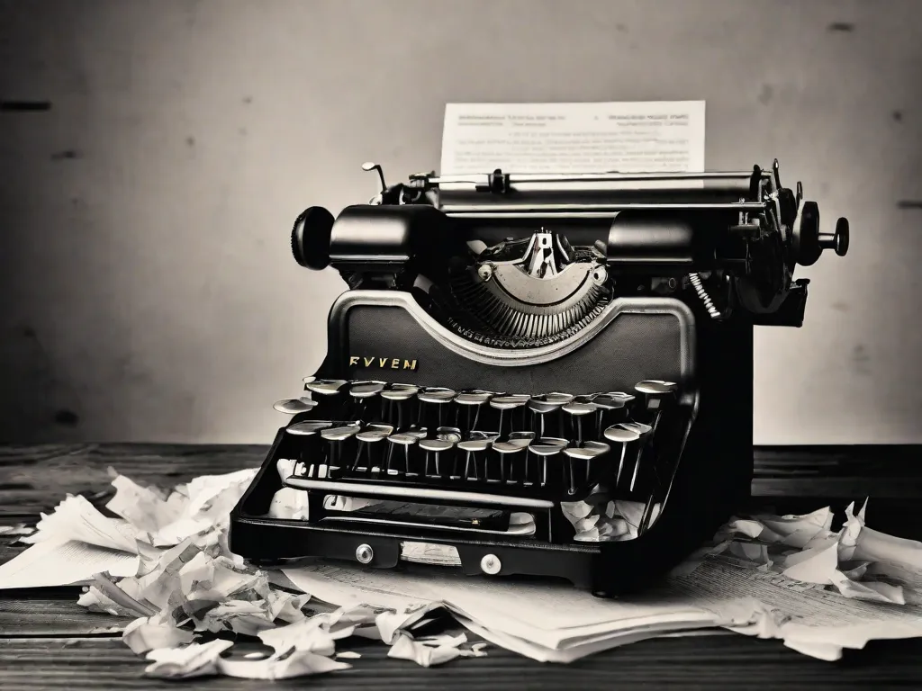 Uma fotografia em preto e branco de uma máquina de escrever desgastada em cima de uma mesa de madeira, com uma pilha de livros antigos ao lado. A imagem simboliza a resposta literária à Segunda Guerra Mundial, capturando o poder das palavras e da narrativa para transmitir as experiências, tragédias e resiliência daqueles impactados pela guerra.