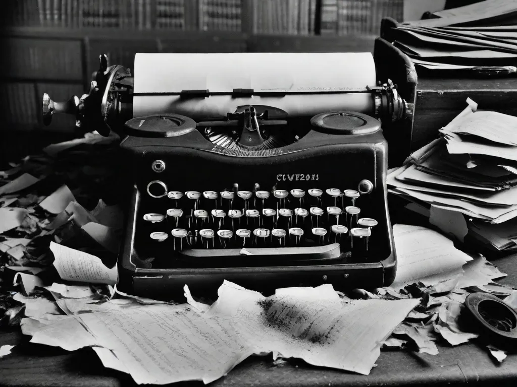 Descrição da imagem:
Uma fotografia em preto e branco de uma máquina de escrever desgastada, sentada em uma mesa, cercada por folhas de papel amassadas. As teclas da máquina de escrever estão cobertas de poeira, simbolizando o silêncio que se abateu sobre o mundo literário durante o caos da Segunda Guerra Mundial. Essa imagem representa a luta dos escrit