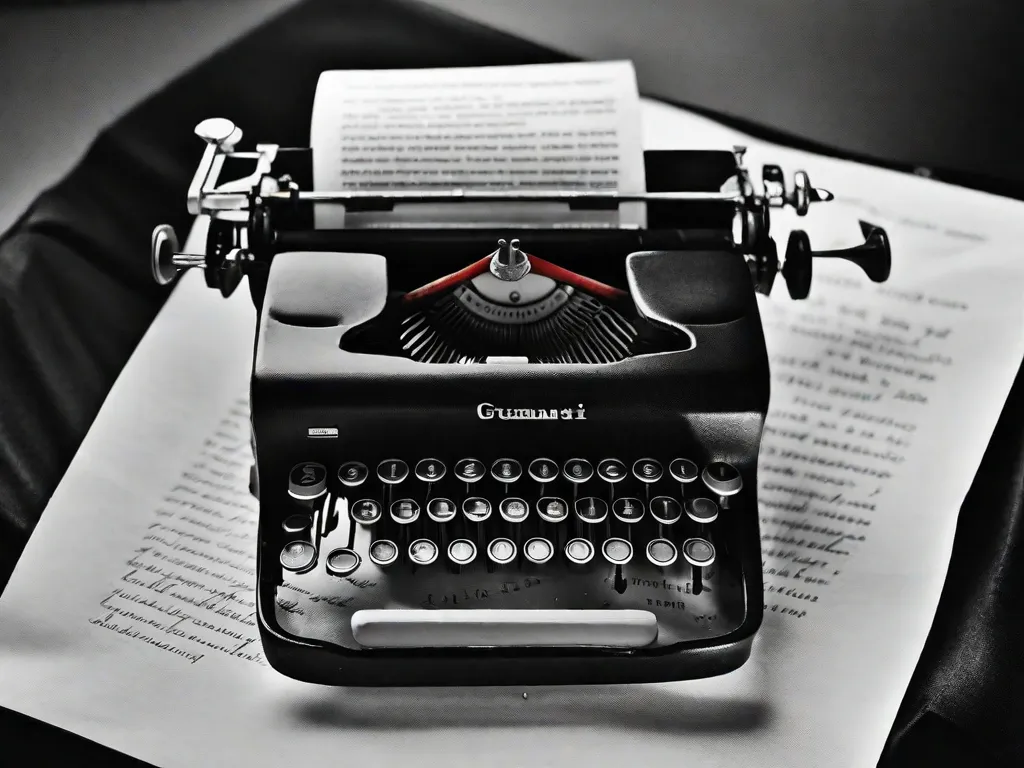 Descrição da imagem: Uma fotografia em preto e branco de uma máquina de escrever, com uma folha de papel parcialmente enrolada. As teclas estão levemente desgastadas, indicando anos de uso. A imagem captura a essência da influência de Guimarães Rosa na literatura brasileira, simbolizando o poder das palavras e da narrativa como ferramentas de resistência e mudança.